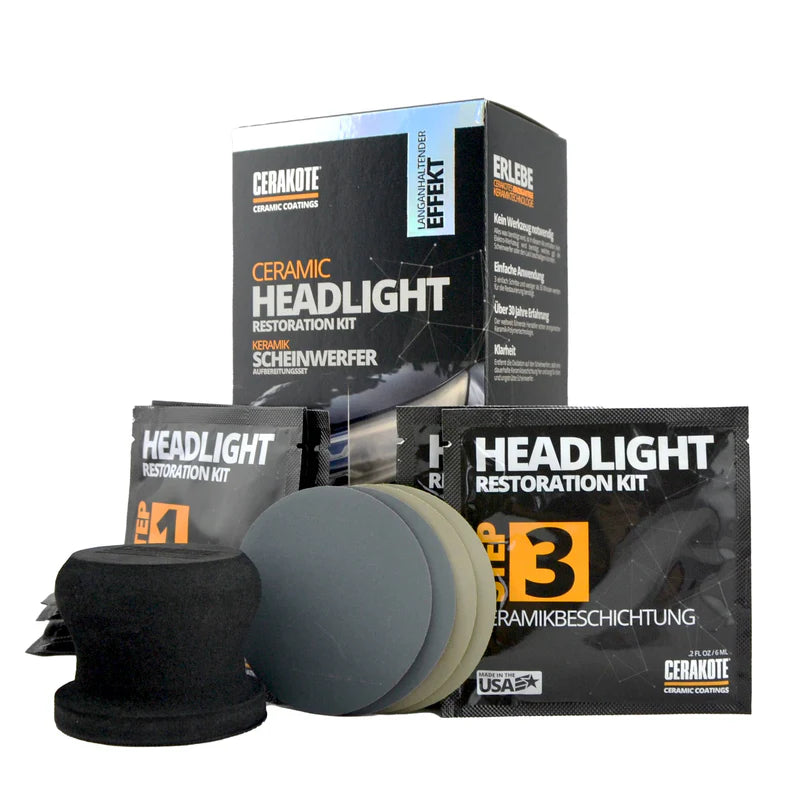 Cerakote Ceramic Headlight Restoration Kit – komplettes Scheinwerferaufbereitungsset mit Oxidationsentferner-, Schleif- und Keramikbeschichtungstüchern zur Restaurierung blinder, matter und vergilbter Scheinwerfer mit langlebigem UV-Schutz, geeignet für PKW, SUV, LKW, Wohnmobile und Motorräder