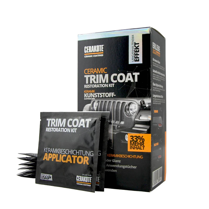 Cerakote Ceramic Trim Coat – Komplett-Set zur keramischen Aufbereitung ausgeblichener, unlackierter Kunststoffteile im Außenbereich, lässt Kunststoffe wie neu erscheinen, bietet langanhaltenden Schutz und ist für alle Fahrzeugtypen ohne Elektrowerkzeug anwendbar.