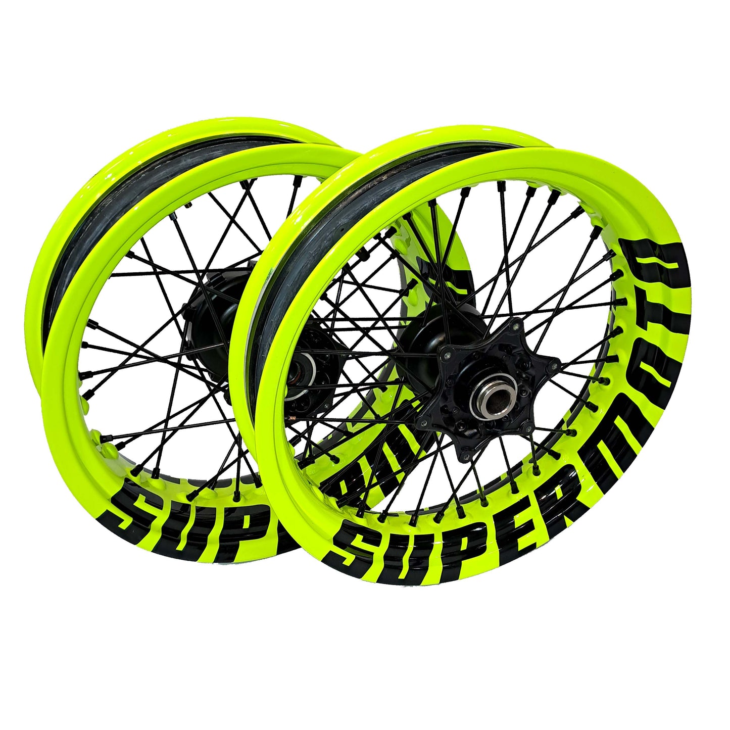 Jeu complet de jantes, jaune fluo, inscription SUPERMOTO (y compris les jantes), inscription noire