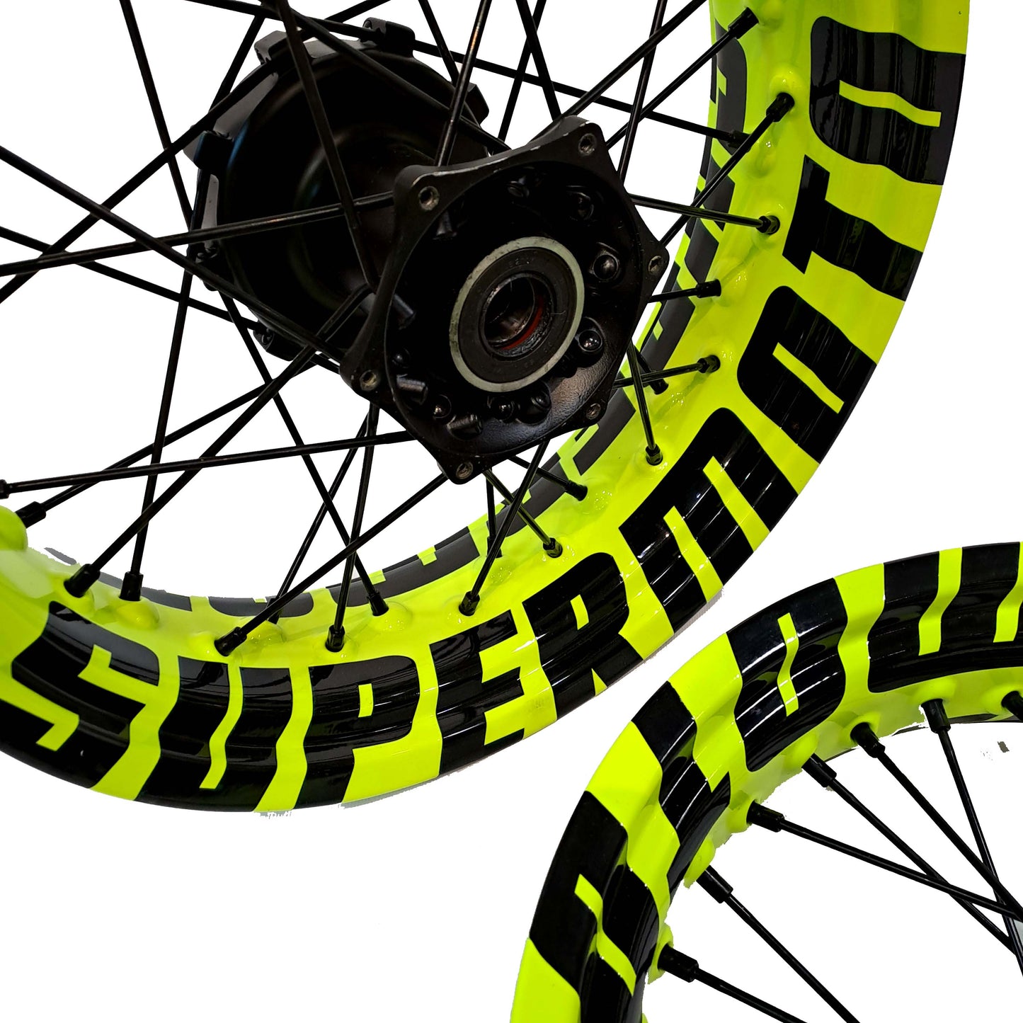 Jeu complet de jantes, jaune fluo, inscription SUPERMOTO (y compris les jantes), inscription noire