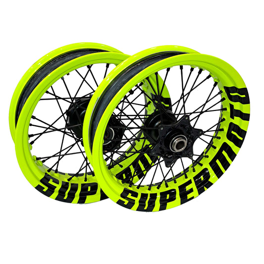 Complete set of rims, neon yellow, SUPERMOTO lettering (including rims), black lettering